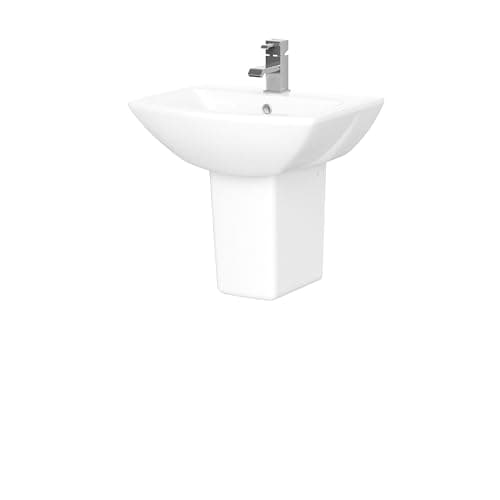 Image of Balterley 500mm Bathroom Sink, Semi Pedestal Ceramic Soft Square Bowl Bathroom Wash Basin Sink with Overflow, 1 Tap Hole, Wall Mounted Basin Sinks for Cloakroom - 500 x 375 x 450mm (White)