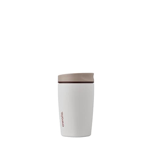 Image of Owala SmoothSip Slider Insulated Stainless Steel Coffee Tumbler, Reusable Iced Coffee Cup, Hot Coffee Travel Mug, BPA Free 355ml, Tan/White (Vanilla Bean)