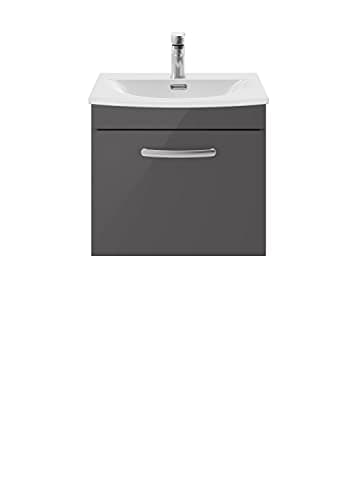 Image of nuie ATH073G Athena Modern Bathroom Wall Hung 1 Soft Close Drawer Vanity Unit with Curved Ceramic Basin with 30mm Profile, 500mm, Gloss Grey