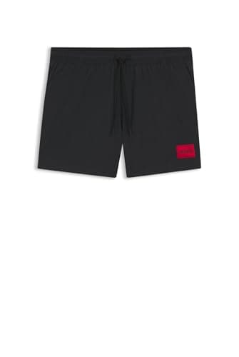 Image of HUGO Mens Dominica Quick-Drying Swim Shorts with red Logo Label