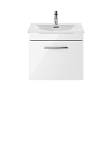 Image of nuie ATH013G Athena Modern Bathroom Wall Hung 1 Soft Close Drawer Vanity Unit with Curved Ceramic Basin with 30mm Profile, 500mm, Gloss White