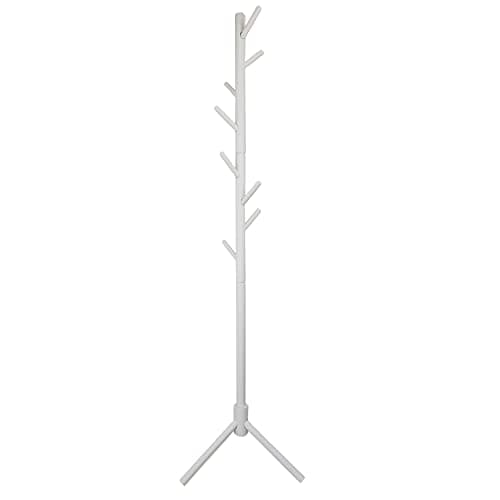 Image of keypak Wooden Coat Stand, Freestanding Coat Rack, 8 Hooks, Adjustable Height, Hallway Coat Tree for Hanging Clothes, Jackets, Bags, Hats (White)