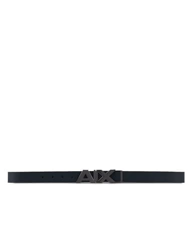 Image of Armani Exchange Men's Split Leather Double Sided Large Logo Belt, Navy/Dark Brown, 40
