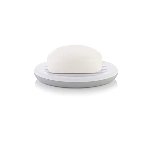 Image of Minky Bathroom Soap Dish, Hand Soap Dish With Raised Ridges, Oval Shaped, Stylish & Practical Bathroom Accessory, White & Light Grey, Made in the UK (1)