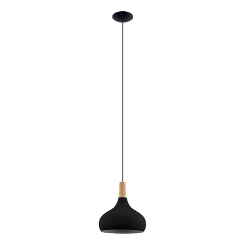 Image of Eglo Pendant Lighting Sabinar, Ceiling Light Fitting, FSC100HB, Hanging lamp for Dining and Living Room Made of Black Metal and Natural Wood, E27 Socket, Ø 11 in