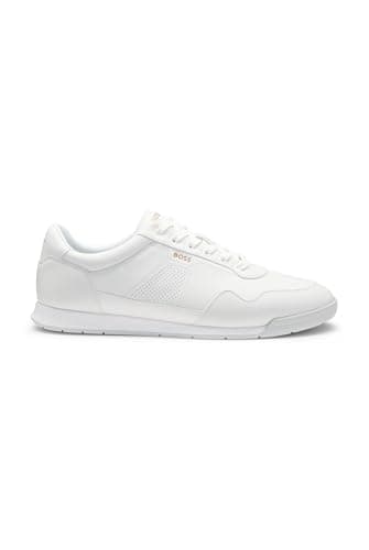 Image of BOSS Men's Nitan ltpf Nappa Leather Trainers with Gold Branding Size, White, 6 UK