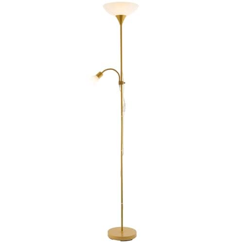 Image of Happy Homewares Satin Gold Mother and Child Floor Lamp with Adjustable Reading Light and Switches | 180cm x 25cm | Opal White Polycarbonate Shades | 1 x 11w and 1 x 7w