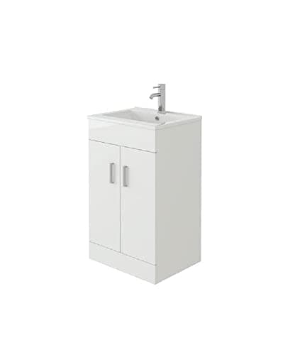 Image of VeeBath VUMW50 Sphinx High Gloss White Free Standing Basin Vanity Cabinet Unit with 2 Swing Doors and Rectangular Sink-500mm (Flat Pack)