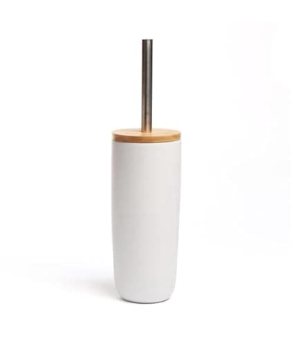 Image of New||Modern Bathroom Toilet Brush Holder Set, White with Bamboo Lid,||Stainless Steel Handle, 22cm Height, Minimalist Design||