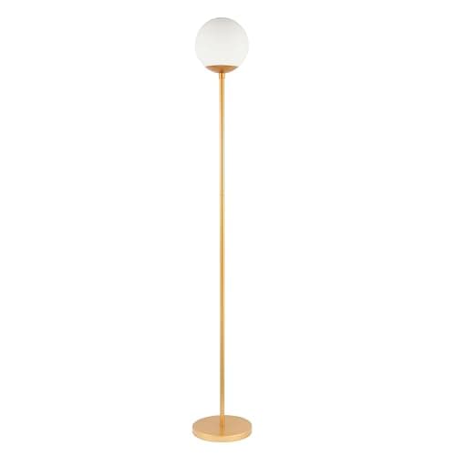 Image of Happy Homewares Modern Satin Gold Standing Floor Lamp with Opal White Globe Glass Shade and Foot Switch Button | 170cm x 25cm | 1 x 11w