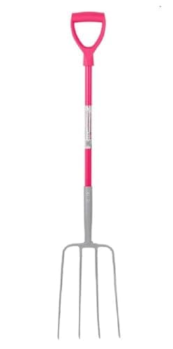 Image of Red Gorilla 4 Prong Pro Manure Fork with D Handle Pink Lightweight For Stable Bedding Mucking Out Metal Pitchfork with Steel Head Rust Resistant for Hay and Garden Compost 113cm Long