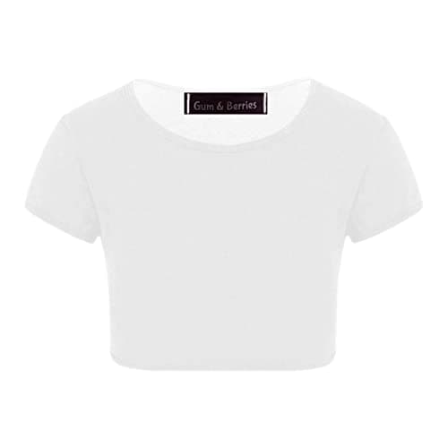 Image of Kids Girls Neon Fluorescent Plain Short Sleeve Crop Tops T-Shirt Tee Top Dance Wear Gymnastic Fancy Dress Colour: White - Size: 11-12 Years