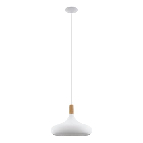 Image of Eglo Pendant Lighting Sabinar, hamging lamp Made of White Metal and Natural Wood, Ceiling Light Fixture with E27 Socket, Ø 40 cm, FSC Certified