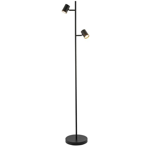 Image of Happy Homewares Designer LED Double Spot Matte Black Metal Floor Lamp with Foot Switch and Adjustable Heads | Includes 2 x 5w 3000k LED Bulbs | 145cm Height