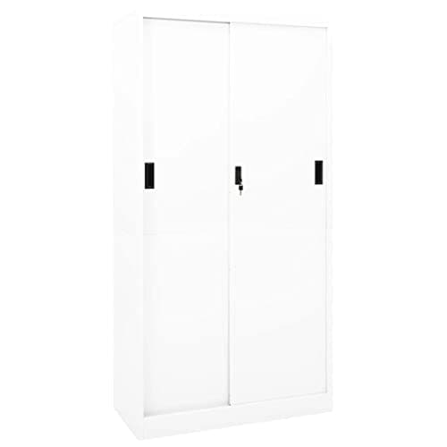 Image of vidaXL White Office Cabinet, 90x40x180 cm - Steel-made Large Capacity Filing Cabinet with 4 Adjustable Shelves and Sliding Door, Includes Lock for Secure Storage