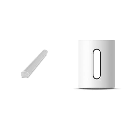 Image of Sonos ARC White & Sub Mini. Deepen your enjoyment of TV, films, and more with bold bass when you pair Sub Mini with Beam, Ray, Era 100, One, or One SL. (White)