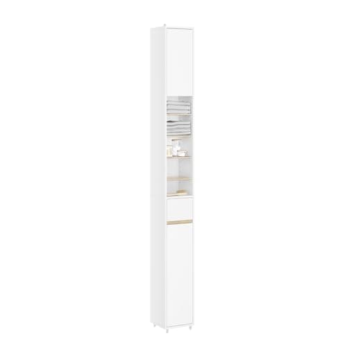 Image of SoBuy Slim Tall Bathroom Cabinet 20cm, Narrow Bathroom Storage Unit Freestanding, Wooden Cupboard MDF with Adjustable Shelves, White and Natural 20x20x180cm BZR34-WN