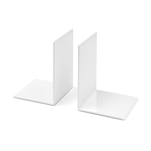 Image of OSCO Plastic Bookends with Clear Rubber Pads Non Slip, Stylish Plastic Book Supports for Desk, Office, Shelf, Home, Modern Design, H17.2 x W12 x D12 cm, White (Medium)