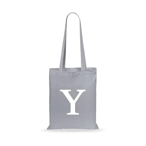 Image of eBuyGB Initial Tote Bag, Monogram Cotton Shopper Bag, Children's Party Goodie Bag, Letter Shoulder Bag for Her, Swimming, Gym, Shopping, Beach Bag (Grey)