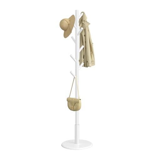 Image of VASAGLE Coat Rack, Solid Wood Coat Stand, Free Standing Hall Coat Tree with 8 Hooks for Coats, Hats, Bags, Purses, for Entryway, Hallway, Rubberwood Hooks and Pole, Cloud White RCR009WH01