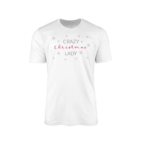 Image of Crazy Christmas Lady T-Shirt- Novelty Funny Joke Silly Outfit Secret Santa Happy Holidays Seasonal Celebration Fashion Occasion Snowflake Gift Present Top Tee (White, 5XL)