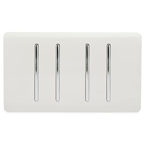 Image of Trendi 4 Gang 2 way 240V Screwless Raised Front Twin Plate Plastic Artistic Modern Glossy 10 Amp Chrome Rocker Quad Electrical Wall Light Switch Ice White - ART-SS44WH