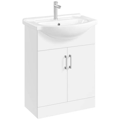 Image of Yaheetech Bathroom Vanity Unit with Ceramic Sink, Floor Standing Bathroom Vanity with 2 Doors, Wooden Storage Cabinet, White