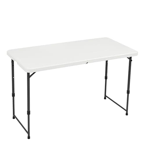 Image of Amazon Basics 4 Foot Rectangular Folding Table, 4 Adjustable Height Settings with Carrying Handle, Indoor & Outdoor, Portable, Lightweight, Travel Table, Picnic, Camping, White, 121.4 x 60.7 x 86.1 cm