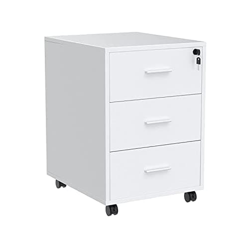 Image of NICEME 3-Drawer Mobile Filing Cabinet, Office Under Desk Storage Drawers Unit with Wheels, File Cabinet Desk Pedestal Rolling Printer Stand for Home Office Storage (Lockable, White)