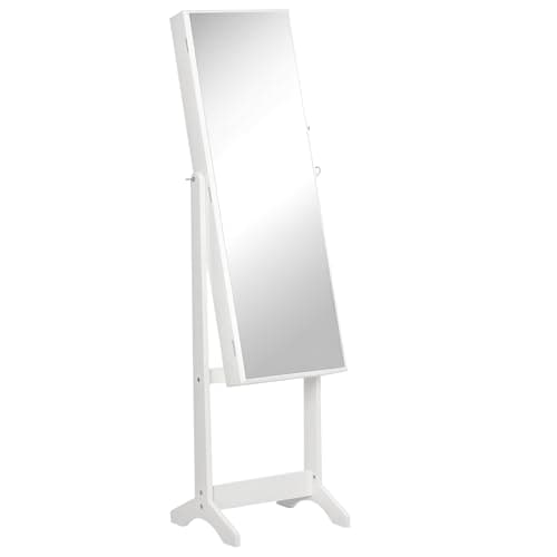 Image of HOMCOM Full Length Mirror with Storage, Jewellery Cabinet with Mirror, Adjustable Angle and Stand, Lockable Jewellery Organiser for Bedroom Dressing Room, White