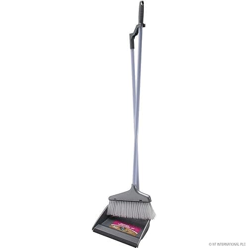 Image of Home Cleaning Long Handle Dust Pan and Brush Set - Soft Bristles Household, Floor Cleaner Grey | Multi Purpose Sweeping Brush & Dustpan | Durable