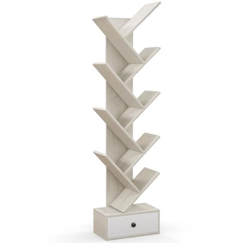 Image of CASART 10-Tier Tree Bookshelf, Slim Tall Floor Standing Bookcase with Drawer & Wall Anchor, Wooden Display Shelving Storage Rack for Living Room Bedroom Office (Beige)