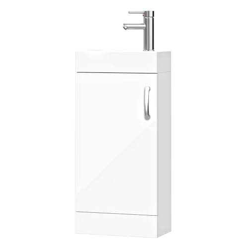 Image of BELOFAY 400mm Floor Standing Bathroom Vanity Unit With Basin - Slim Waterproof Laquered Cloakroom Vanity Unit with 1 Tap Hole Ceramic Basin & Waste | Reversible Tap Fitting (New York White)