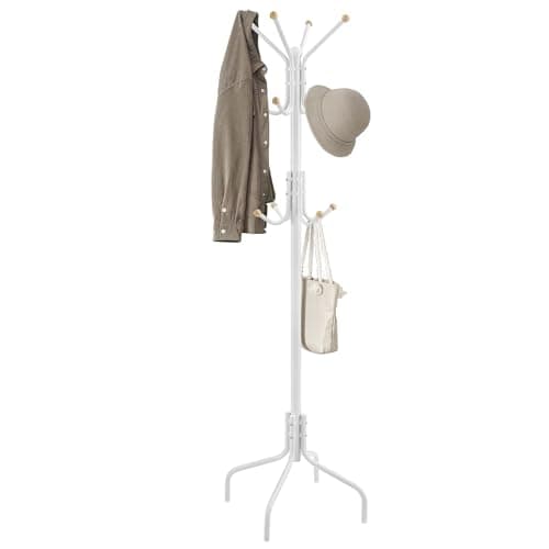 Image of SONGMICS Coat Stand, Metal Coat Rack with 12 Hooks, 4 Legs, Hang Coats, Jackets, Hats, Bags, for Hallway Bedroom Office, White RCR031W01