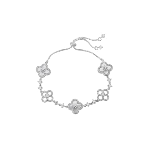 Image of Gkaopi Bracelet for Women Girls 925 Sterling Silver Four Leaf Clover Bracelets Shiny Cubic Zirconia Adjustable Bracelet Dainty Lucky Leaf Jewellery Gifts (Silver, One Size)