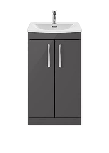 Image of nuie ATH072G Athena Modern Bathroom Floor Standing 2 Soft Close Doors Vanity Unit with Curved Ceramic Basin with 30mm Profile, 500mm, Gloss Grey