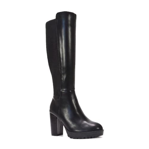 Image of ESSEX GLAM Women's Knee High Boots Ladies Black Synthetic Leather Block High Heel Platform Elasticated Calf Leg Size 3