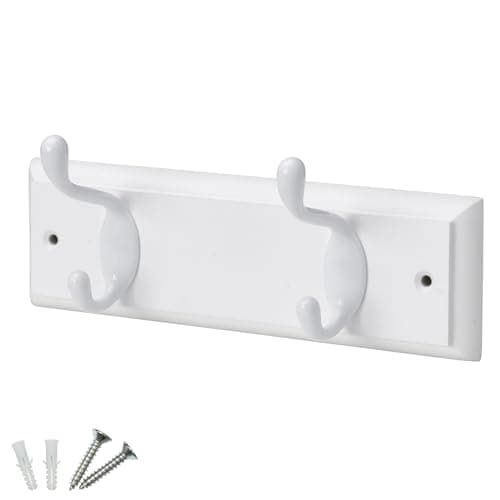 Image of Keypak 2 Hook White Wooden Wall Mounted Coat Rack with 2 White Coat Hooks - Heavy Duty Wooden Board for Coats, Hats, Bags, Tools Space Saving Wall Storage Organiser, Fixings Included