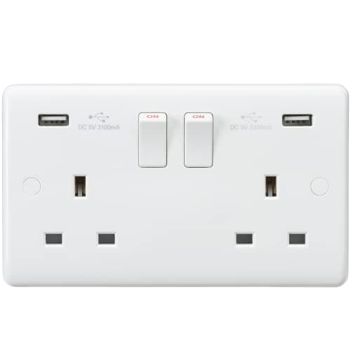 Image of Knightsbridge CU9904 Curved Edge 13 A 2 Gang Switched Socket with Dual USB Charger, 230 V, White