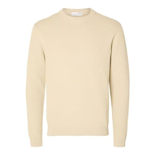 Image of SELECTED HOMME Mens Slhdane Ls Structure Crew Neck Noos Knitted Jumper, Oatmeal, L UK