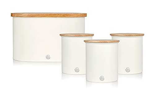 Image of Swan Nordic Cotton White Kitchen Accessory Set with Bread Bin and Cutting Board Lid and Set of 3 Storage Canisters, Bamboo Lids, Handy Storage, Soft Matte Finish, STP1022WHTN
