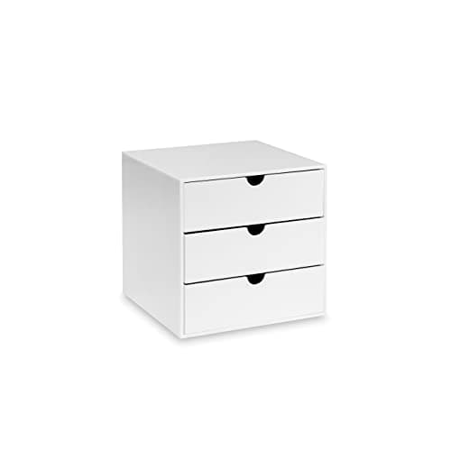 Image of OSCO White Hi-Gloss ABS Plastic Cube – 3 Drawers, Stackable Compact Organiser for Small Item Storage, Makeup and Jewellery – Not A4 Size – 16.5 x 16.5 x 16.5 cm (6.5 x 6.5 x 6.5 Inch)