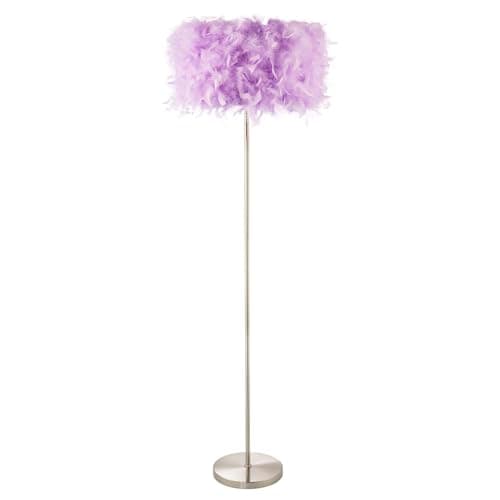 Image of Happy Homewares Modern and Chic Soft Lilac Feather Standard Floor Lamp with Satin Nickel Base and Foot Switch | 150cm x 40cm | 1 x 11w E27