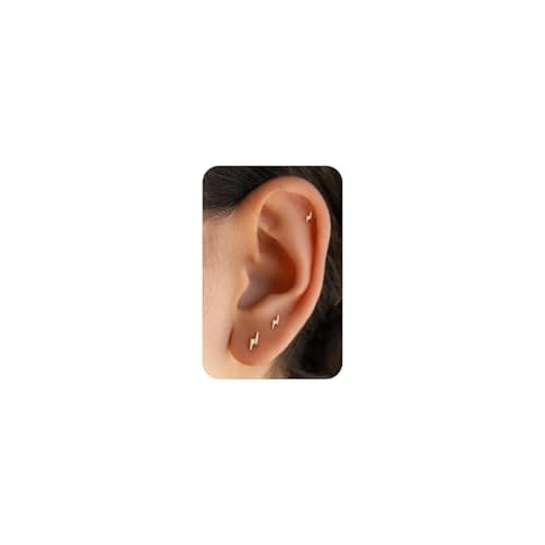 Image of PRTGL Flat Back Earrings: Dainty 14ct Gold Plated Tiny Lightning Flatback Stud Earrings 3Pairs Ear Stacks Helix Jewellery