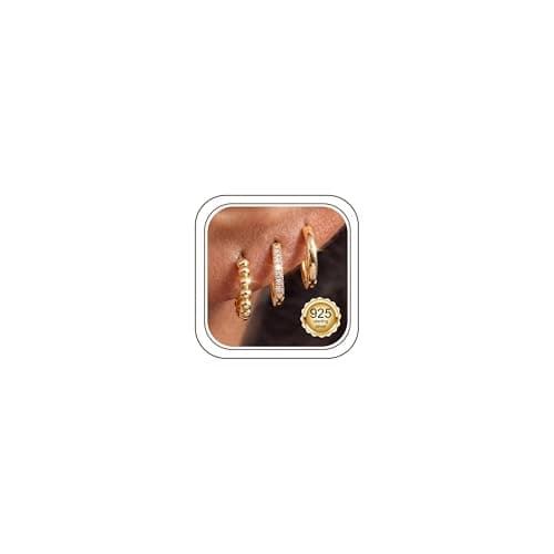 Image of FINREZIO 3 Pairs Gold Hoop Earrings For Women 925 Sterling Silver Hypoallergenic Hoop Huggie Earrings Cubic Zirconia Small Sleeper Gold Plated Hoop Earring Sets For Multiple Piercings Jewellery