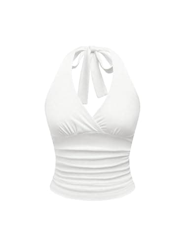 Image of GORGLITTER Women's Leopard Ruched Crop Halter Tops V Neck Tie Backless Grunge Punk Y2K Tops White Medium