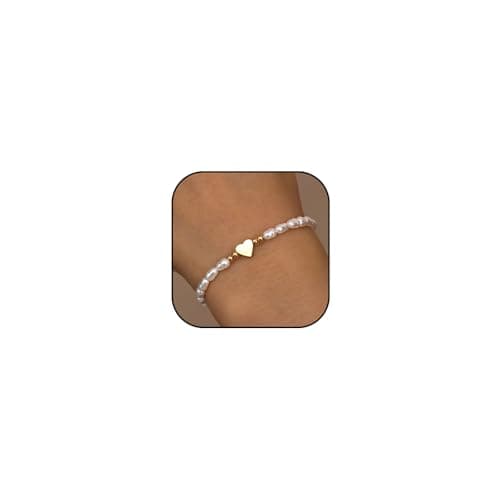 Image of JOOTUEPO Freshwater Pearl Bracelet for Women, Dainty Pearl Gold Heart Bracelets, Adjustable Bracelet, Elegant Jewelry Gift for Bridesmaid Bride Prom Girls Weddings Birthday