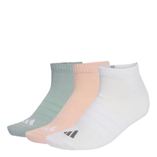 Image of adidas Unisex CUSHIONED ESSENTIALS LOW CUT SOCKS 3 PAIR PACK, blush pink/white/Wonder Sage, 4.5-6