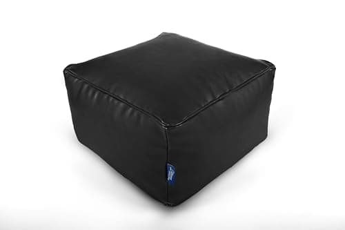 Image of Littens Black Soft Faux Leather Square Footstool Ottoman Pouffe Bean Bag, Living Room Decorative Low Seat (45cm x 45cm x 25cm)