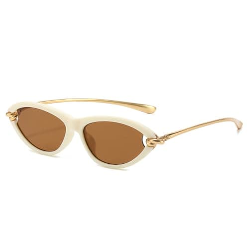 Image of YAMEIZE Retro Cat Eye Sunglasses for Women Vintage Small Oval Cateye 90S Sunglasses Gold Frame UV400